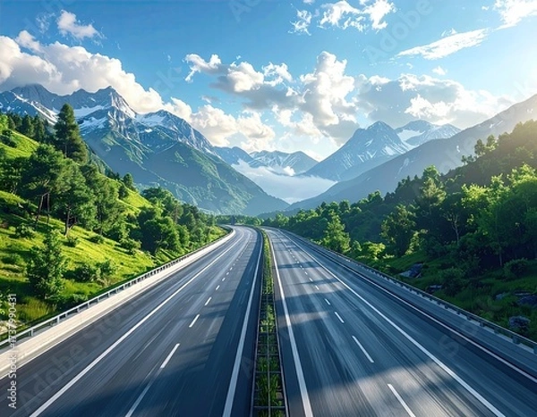 Fototapeta Mountain Highway Landscape with Green Trees and Snowy Peaks Under Cloudy Blue Sky in Pixel Art Style