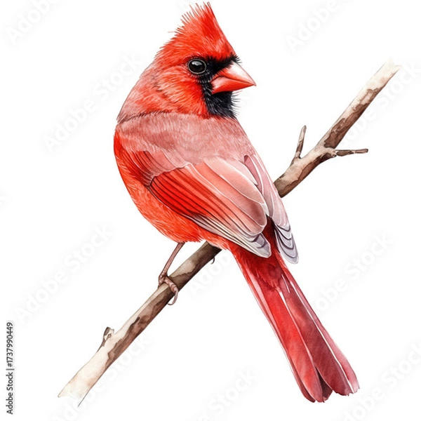 Fototapeta Watercolor painting of a male northern cardinal perched on a branch isolated on transparent background, showcasing its vibrant red plumage and distinctive crest