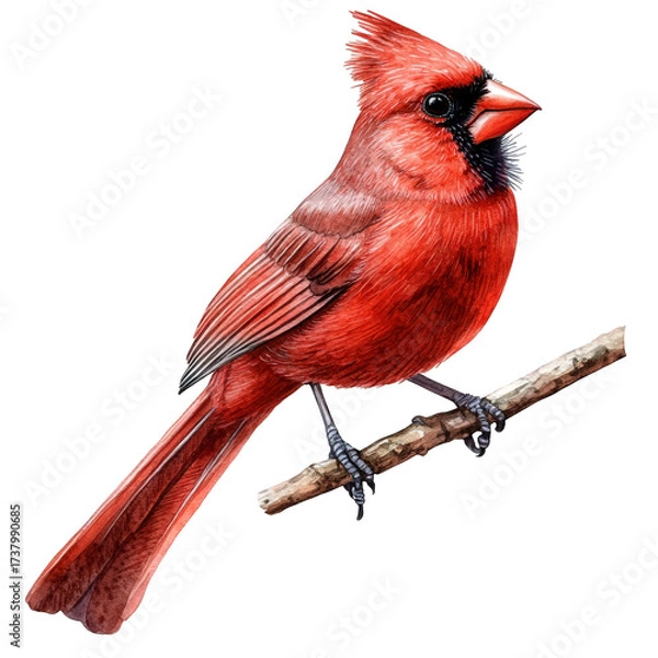 Fototapeta Detailed watercolor painting of a male northern cardinal perched on a branch isolated on transparent background, displaying its vivid red color and strong beak