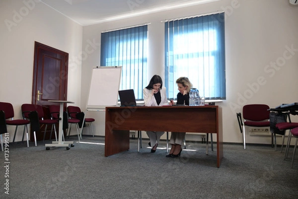 Obraz Women during a business presentation point to charts on the flipchart while discussing strategy.