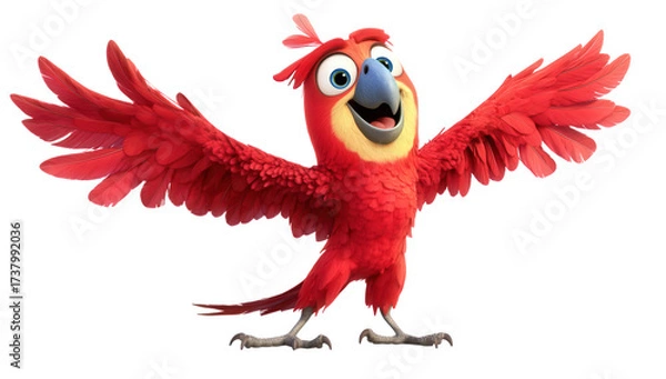 Fototapeta A cheerful red macaw isolated on transparent background, spreading its wings wide with a joyful expression, embodying the spirit of adventure and tropical paradise