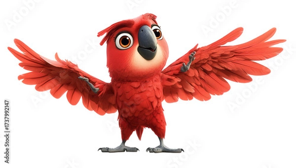 Fototapeta A charming red macaw isolated on transparent background, with its wings spread wide and a curious expression, capturing the essence of tropical wonder and playful spirit