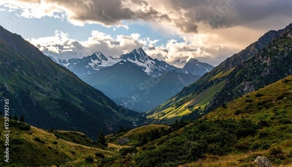 Fototapeta Mountainside Valley Landscape with Snow Capped Peaks and Green Slopes Under Cloudy Sky in Mountainous Region During Daytime
