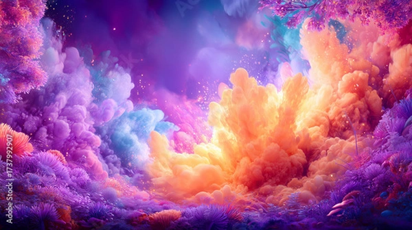 Fototapeta An abstract colorful background in shades of purple, yellow, blue, and pink, blending together to create a vibrant and dynamic visual effect.