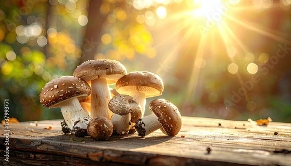 Fototapeta Mushrooms on Wooden Surface with Sun Bursting Through Trees in Autumn Forest Brown Caps and Gills, Woodland Scenic Autumnal Sunlight and Bokeh Effect