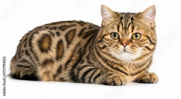 Fototapeta A brown tabby cat rests, gazing forward on a white background, its fur showing distinctive patterns