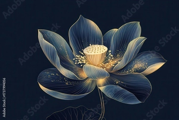 Fototapeta Elegant blue lotus with golden outlines and sparkles on dark background. Ideal for spiritual themes, luxurious designs, or backgrounds for any purpose.