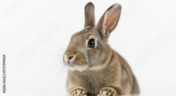 Fototapeta A close-up studio shot of a brown rabbit with long ears and whiskers, against a white backdrop