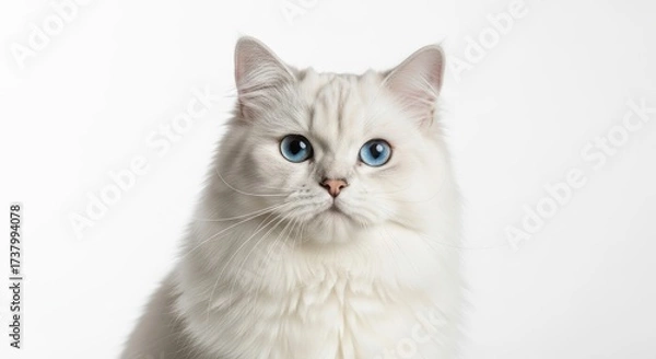 Fototapeta A close-up studio portrait of a beautiful fluffy white cat with striking blue eyes against a white background