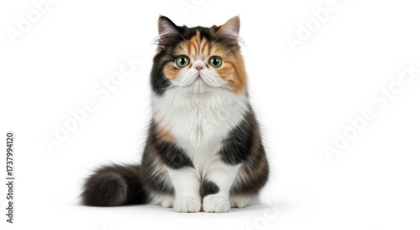 Fototapeta A fluffy, tricolor cat with green eyes sits facing the camera, isolated against a white background