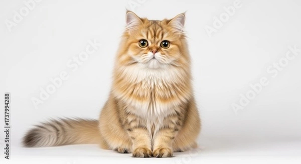 Fototapeta Fluffy long-haired cat with golden-brown fur sits front-facing against a white background