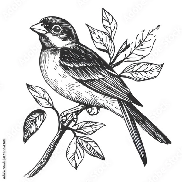 Fototapeta Illustration of a small bird perched on a branch with leaves, isolated on transparent background, showcasing intricate details and a classic vintage aesthetic