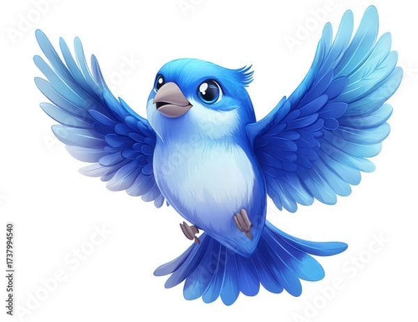 Fototapeta Adorable cartoon bluebird flying with wings spread, isolated on transparent background, showcasing vibrant colors and a playful, whimsical design
