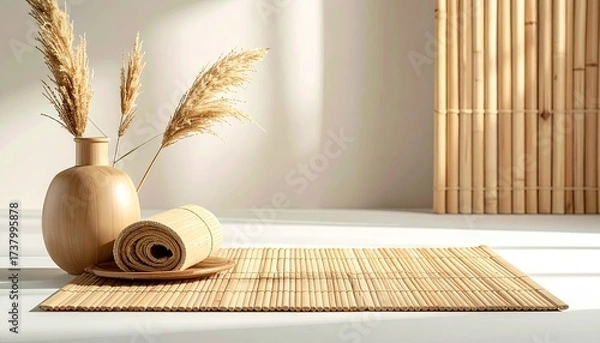 Fototapeta Natural Spa Display With Beige Vase Dried Grass Rolled Towel and Bamboo Mat on White Tabletop in Clean Studio Lighting Minimalist Wellness Concept