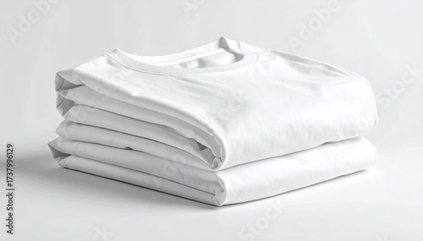 Fototapeta Neatly Folded White Cotton T Shirts on White Background Studio Shot Showing Delicate Hem Texture for Product Catalog or Fashion Advertising Use