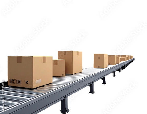 Obraz 3D Supply Chain Concept with Boxes and Conveyor Belt, Isolated PNG