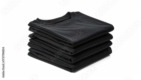 Fototapeta Neatly Stacked Pile of Black T Shirts on White Background Casual Apparel Fabric Garment Isolated Studio Shot