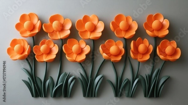 Fototapeta Row of bright orange flower sculptures with green stems on grey background. Great for spring designs, holiday cards, or background image purposes.