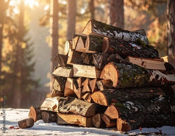 Fototapeta Neatly Stacked Firewood Logs with Moss and Sunlight in a Forest Setting Woodland Scene Under a Bright Sky