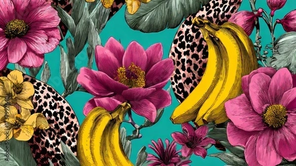 Fototapeta Seamless tropical floral pattern with bananas, palms, leopard spots, and exotic jungle flowers for summer prints