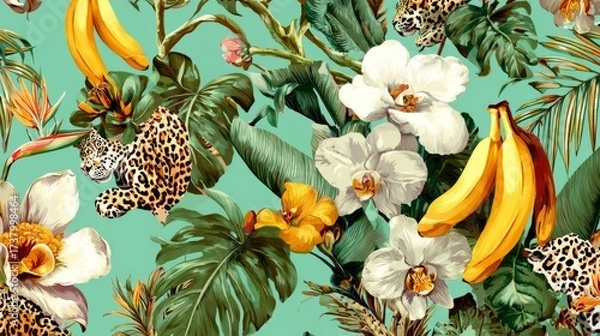 Fototapeta Seamless tropical floral pattern with bananas, palms, leopard spots, and exotic jungle flowers for summer prints