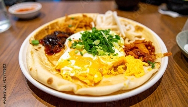 Obraz A freshly prepared traditional Chinese jianbing, a savory breakfast crepe topped with a fried egg, scallions, and assorted flavorful fillings