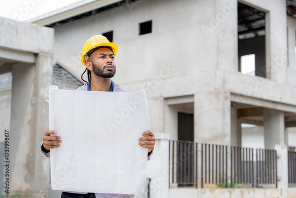 Fototapeta A confident construction engineer in a yellow safety helmet inspects architectural blueprints at a modern building site. He stands in front of an unfinished concrete structure under development.