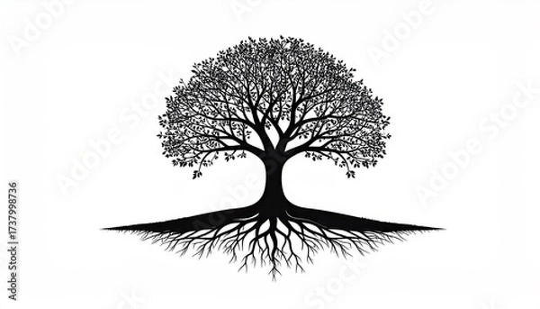 Fototapeta Monochrome Tree Vector Silhouette Isolated on White Background with Detailed Branches and Root System in Flat Design Style