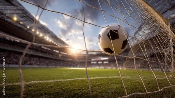 Fototapeta A soccer ball strikes the goal net in a vast stadium, showing the wide open field and the full match scene.