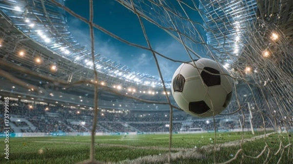 Fototapeta A soccer ball strikes the goal net in a vast stadium, showing the wide open field and the full match scene.