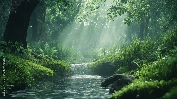 Fototapeta Sunlight streams through lush trees, illuminating a gentle stream. Use for nature scenes, wellness, or a peaceful, calming backdrop.