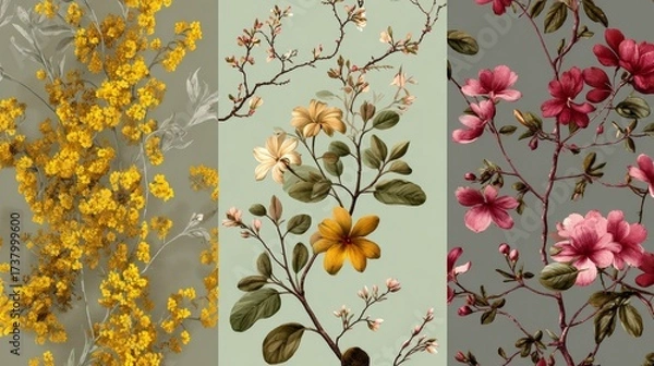 Fototapeta Hand-drawn spring botanical art with flowers, branches, and leaves, perfect for fabric design, covers, wallpapers, or artistic prints.