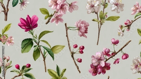 Fototapeta Hand-drawn spring botanical art with flowers, branches, and leaves, perfect for fabric design, covers, wallpapers, or artistic prints.