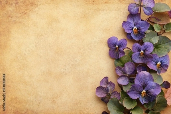 Fototapeta Violet flowers with green leaves on an old paper texture background. Perfect for spring cards, invitations or other floral designs.