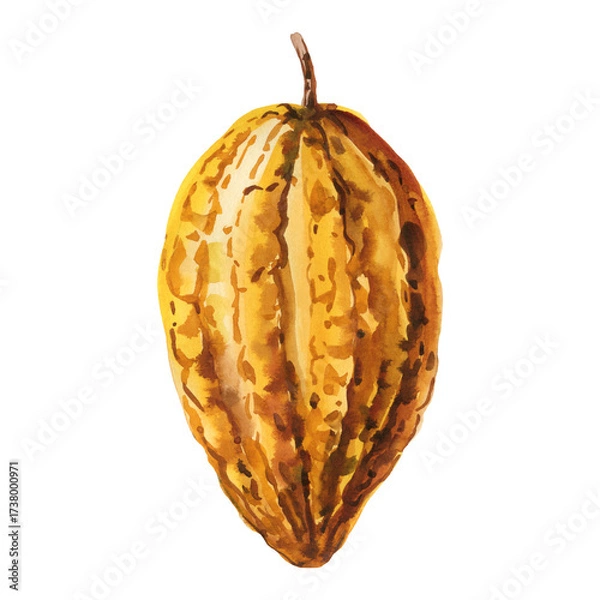 Obraz Yellow cocoa pod watercolor illustration tropical cacao fruit exotic bean shell organic chocolate ingredient isolated