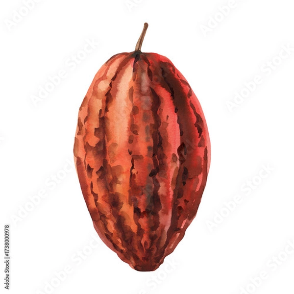 Obraz Red brown cocoa pod watercolor illustration cacao tropical fruit exotic bean shell organic chocolate ingredient isolated