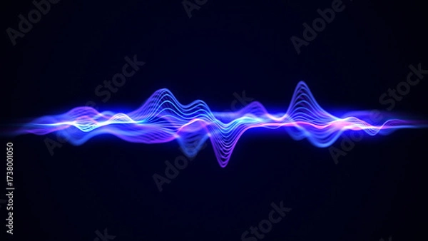 Fototapeta Abstract neon background of glowing sound waves. Purple and blue neon audio waves, noise frequency, and waveform. Music track and voice recording, audio spectrum. Sound background. 