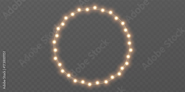Fototapeta Christmas gold light circle frame. Fairy bulb banner. New Year luxury string garland. Winter party background. Led neon baubles. Festive border. Glow lamp bg. Glitter bright lamp. Vector illustration