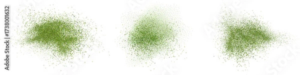 Fototapeta Set of isolated green matcha tea dust and powder splashes with mint spray effect, top view on white background.
