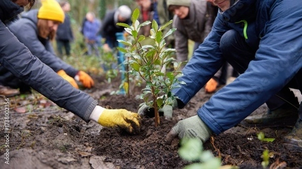 Fototapeta Tree planting event, green teamwork, hands in soil, eco care, sustainable habits, community effort for nature’s future 