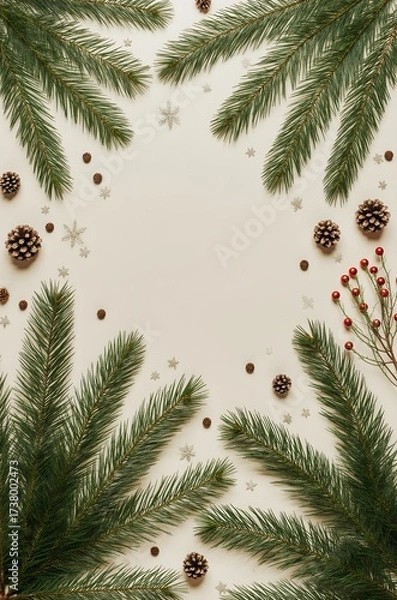 Fototapeta Festive Christmas Arrangement with Pine Branches and Decorations, Mockup
