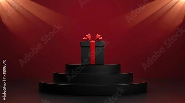 Fototapeta Elegant Black Friday Podium with Gift Box and Red Bow Mockup on Dark Background