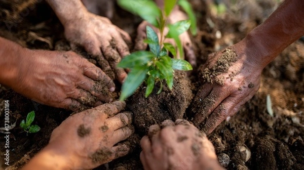Fototapeta Tree planting event, green teamwork, hands in soil, eco care, sustainable habits, community effort for nature’s future 