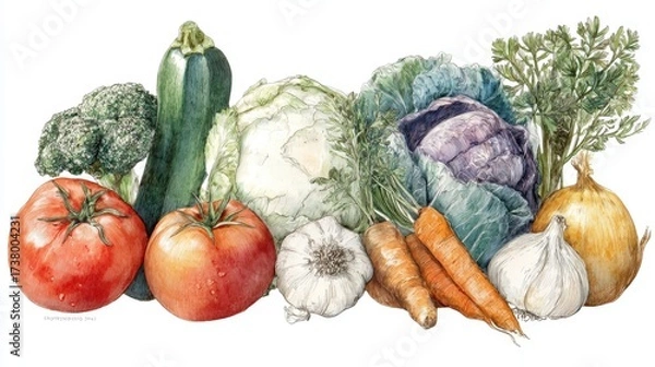 Fototapeta Watercolor artwork of vegetables like tomato, zucchini, cabbage, broccoli, carrot, garlic, onion, and squash, hand-painted style 