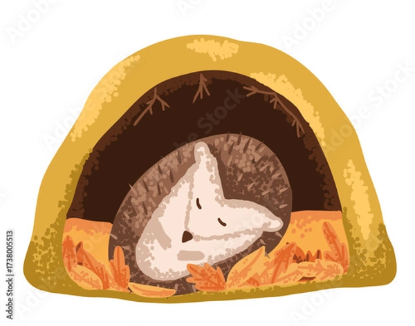 Fototapeta Cute hedgehog sleeping in den hole. Wild animal hollow in forest drawn in flat style