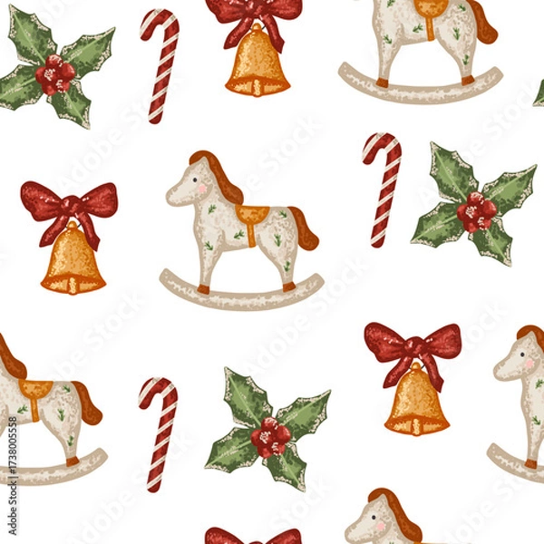 Fototapeta Christmas seamless pattern with bell, horse toy and mistletoe red berry in flat style