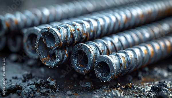 Fototapeta Iron Bars for Construction: Close-up shot of weathered, industrial-grade iron bars. These sturdy elements await their destiny, their texture a testament to their raw power.