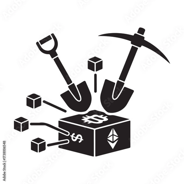Fototapeta Black and White Glyph of Mining Tools and Digital Currency Block
