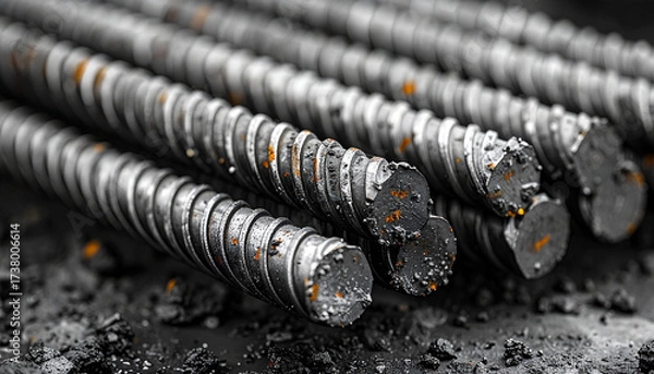 Fototapeta Steel Bars: A close-up, high-angle shot captures the raw, textured essence of steel bars. Their industrial beauty hints at strength and construction, symbolizing the foundations of innovation.