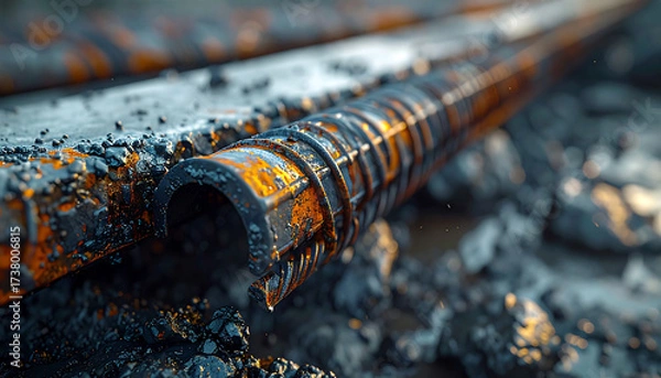 Fototapeta Corroded Metal Pipes in an Industrial Landscape: A close-up captures the texture of a corroded metal pipe, evoking a sense of industrial decay and environmental decline.